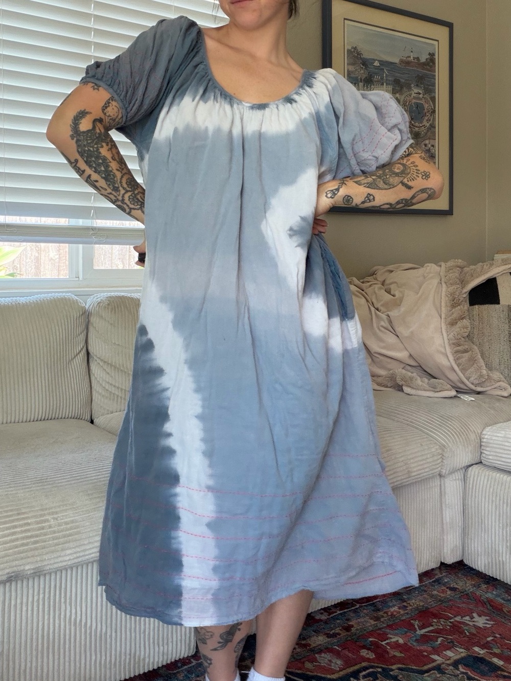 Sundry Blue and White Tie Dye Puff Sleeve Peasant Dress Boho Midi Dress- sz 0